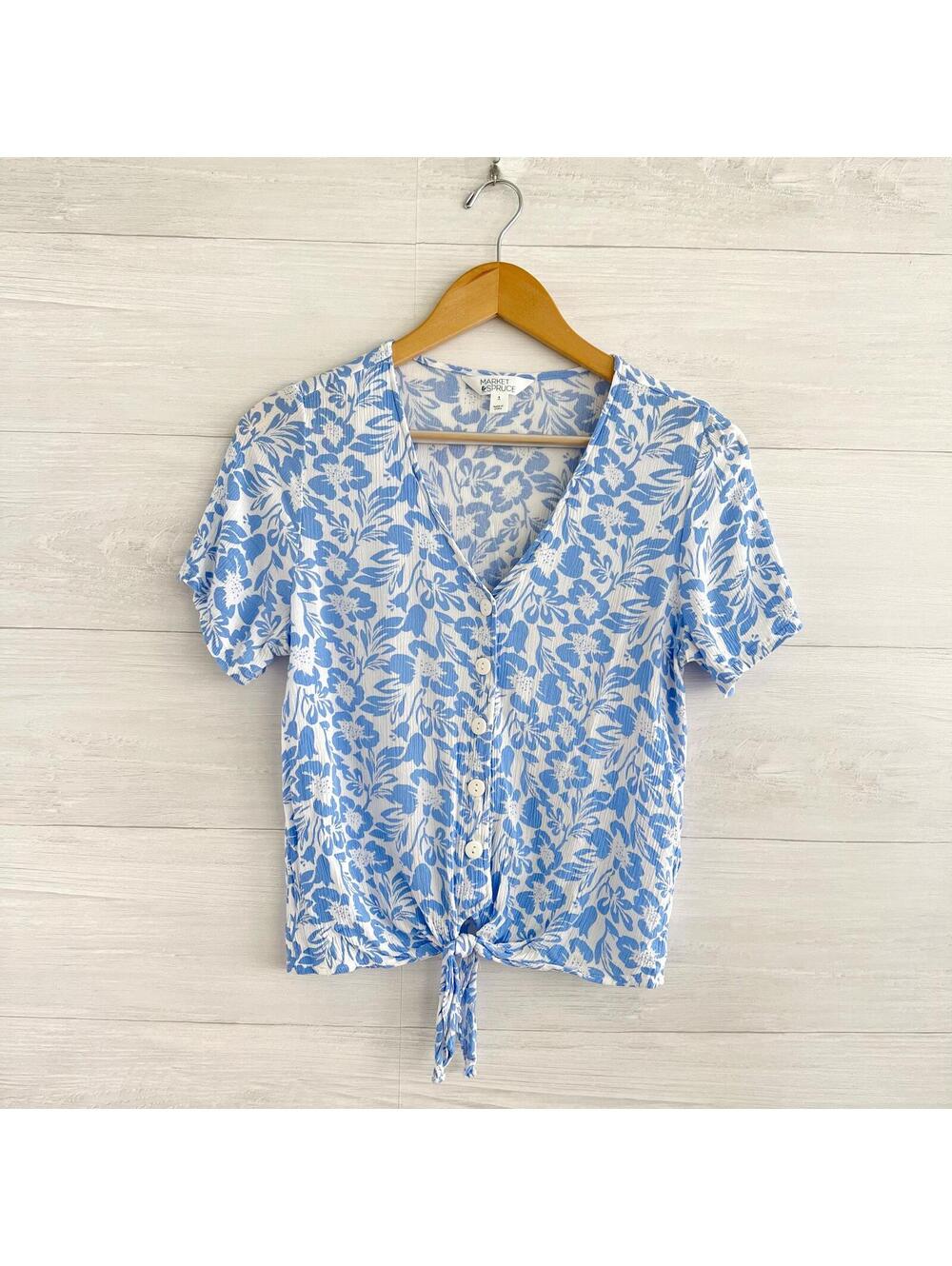 Market & Spruce Blue and White Floral Button-Front Tie Top